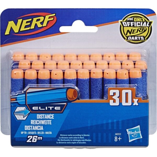 "• Brand: Nerf • Material: Plastic • Refill Pack of 30 N-Strike Elite Darts • Nerf Elite darts are designed for distance and blast up to 85 feet (26 meters). • They are compatible with all Nerf toy blasters that use Elite darts "
