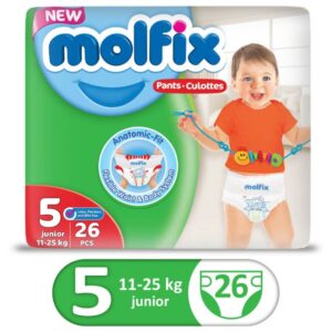 The New Molfix Pants instantly absorbs and retains any fluid and keeps the skin dry. It ensures freedom of movement thanks to its anatomical structure and elastic side bands. Also it is skin-friendly! Key Features: Molfix Hypoallergenic baby nappies are dermatologically tested Highly absorbent thanks to the double absorbent layers in the core No leakage thanks to two elastic leak-proof barriers Provides maximum comfort and freedom of movement thanks to its anatomical shape and ultra-elastic side bands. Soft Top sheet, which is friendly with your baby’s skin and very comfortable too. Specification Highlights: Brand – Molfix Type – Pants Twin Packaging – 26 pcs Junior Size 5