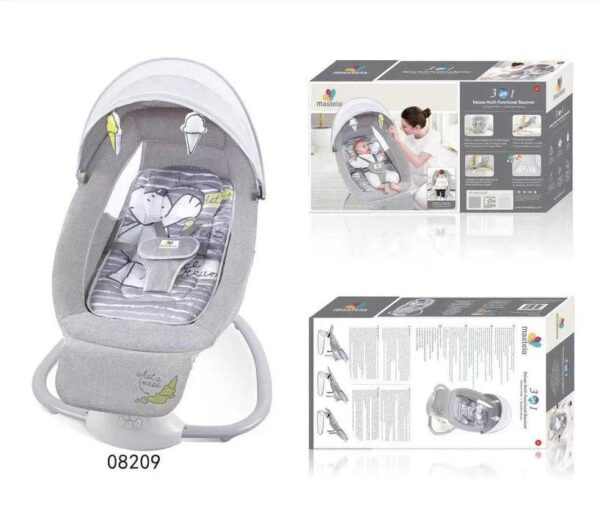 Key Features Rocking Feature - Side to side movement to soothe the senses of the baby Angle - There are 5 different adjustable angle for growing child Canopy -  Canopy with integrated mosquito net for shade and serenity Point Harness - 5 point safety harness to keep baby secured Flush Toys - A flush toy entertainment of the child Power Supply Modes - The swinging chair contains 2 power supply modes Music - There are 15 melodies with volume control USB  - USB Flash Drive and smartphone Bluetooth connectivity play your favourite music Transition - Can be converted to toddler seat Age 0 to 3 Y Mastela 3 in 1 Deluxe Multifunctional Bassinet